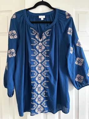 J Jill Embroidered Peasant Blouse - 100% cotton